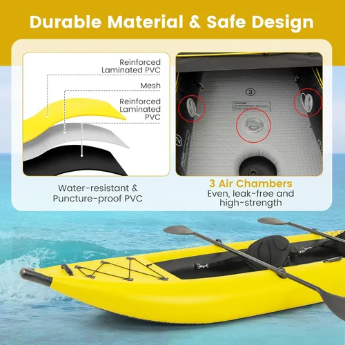Miniatura 5 de GYMAX Kayak inflable, kayak tándem de 12.5 pies y 507 libras con 2 remos de aluminio, 2 asientos acolchados, reposapiés, 2 aletas, bomba de mano