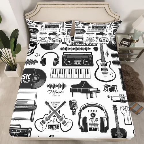 Miniatura 10 de Erosebridal Juego de sábanas de tamaño individual con temática musical, con estampado de notas musicales, juego de cama ajustable en blanco y negro