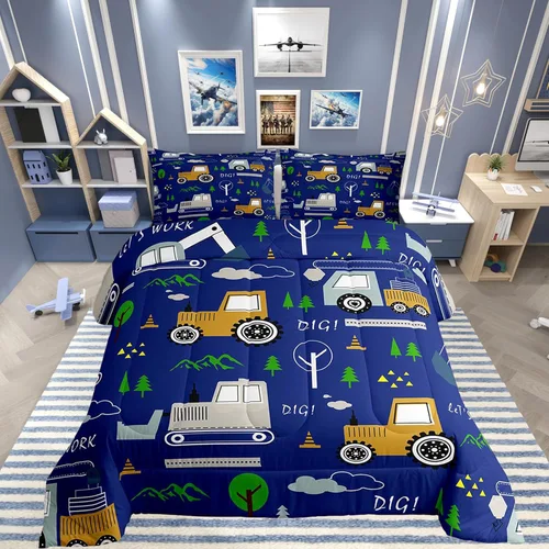 Miniatura 23 de Feelyou Juego de edredón de coche de dibujos animados para niños, edredón de construcción para niños, juego de ropa de cama de camiones y equipos