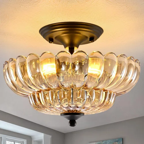 Miniatura 13 de Lámpara de techo moderna semiempotrada, 3 luces doradas para cerca del techo con pantalla de vidrio verde para sala de estar, entrada, dormitorio