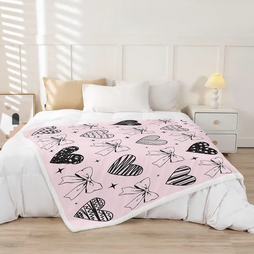 Miniatura 2 de Manta de cama con estampado de corazones de lazo, manta de felpa de grafiti dibujada a mano para decoración rústica del hogar, manta de franela