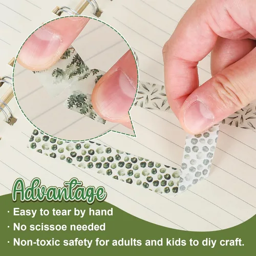 Miniatura 3 de Whaline 12 Rollos Cinta Washi Bosque Verde Acuarela Vegetación Navideña Cinta de Enmascarar Patrón de Plantas de Árboles Verdes del Bosque Cinta