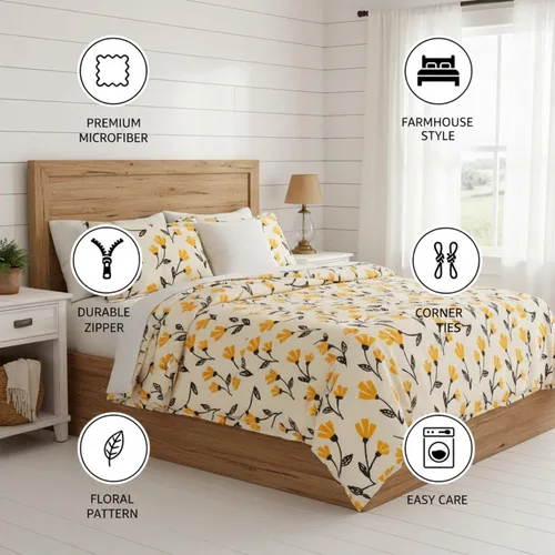 Miniatura 2 de DaDa Bedding - Juego de funda de edredón floral de flores amarillas, naranja dorado, tulipanes brillantes, flores de jardín botánico, marfil, beige