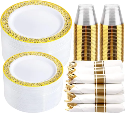 Miniatura 18 de WELLIFE 350 platos de plástico de oro rosa para 50 invitados, juego de vajilla de plástico, suministros para fiestas incluye 100 platos de oro rosa