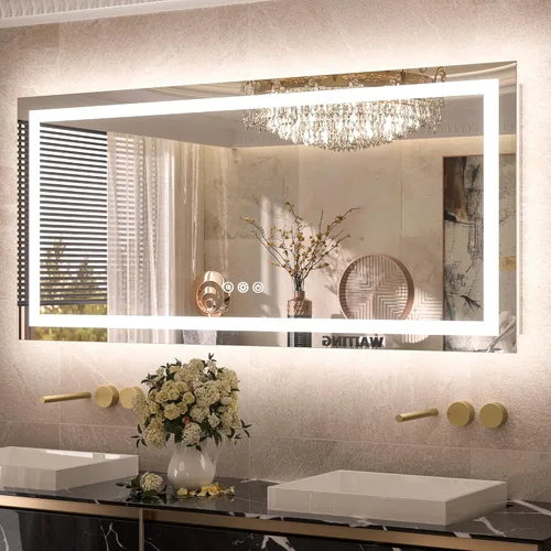TETOTE Espejo de tocador LED de 48 x 24 pulgadas, espejo de baño iluminado con función regulable y antiniebla, espejo de maquillaje con luces,