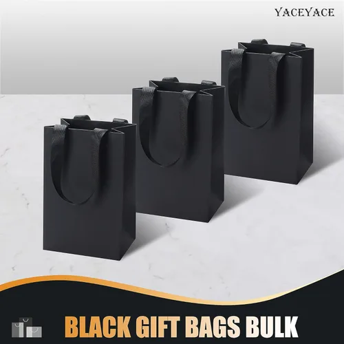 Miniatura 6 de Bolsas de regalo de papel kraft negro, 20 unidades de 5.25 x 3.75 x 8 pulgadas con asas de cinta para bodas, fiestas, cumpleaños, venta al por menor
