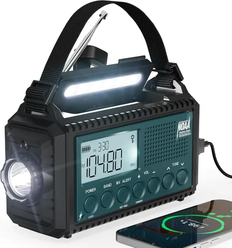 Miniatura 13 de Mesqool 12000 Radio de emergencia, radio meteorológica digital automática NOAA/AM/FM/SW con batería de respaldo, manivela con linterna, cargador