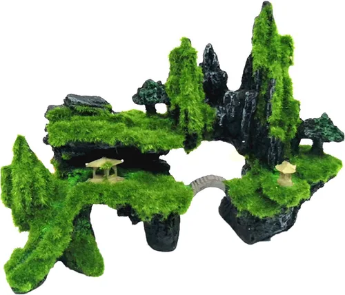 Tfwadmx Decoración de pecera con vista de montaña, puente de piedra de acuario con musgo, cueva de casa de árbol para pequeña piel de camarón Betta