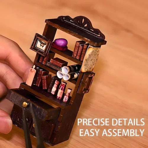 Miniatura 6 de Kit de rincón de libros en miniatura para bricolaje, biblioteca de sueños académicos con luz LED, rompecabezas de diorama de sujetalibros de madera