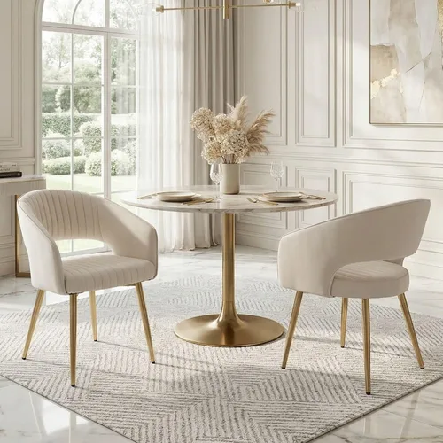 Hyfirm Juego de 2 sillas de comedor de cuero, modernas sillas de cocina color dorado crema con respaldo hueco, sillas laterales tapizadas para sala
