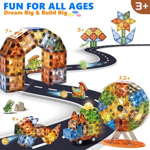 Miniatura 4 de BINZKBB 110 azulejos magnéticos, bloques de construcción magnéticos iluminados en 3D para niños, juguetes creativos de dinosaurios, juguetes