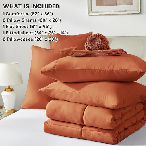 Miniatura 7 de Anluoer - Juego de cama tamaño Full en una bolsa, 7 piezas, juego de edredón color naranja quemado con sábanas, juego de ropa de cama para todas