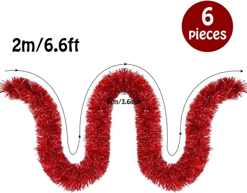 Miniatura 4 de Boao Guirnalda de oropel rojo de Navidad de 39.6 pies para decoración de árbol de árbol con purpurina metálica brillante, decoración colgante
