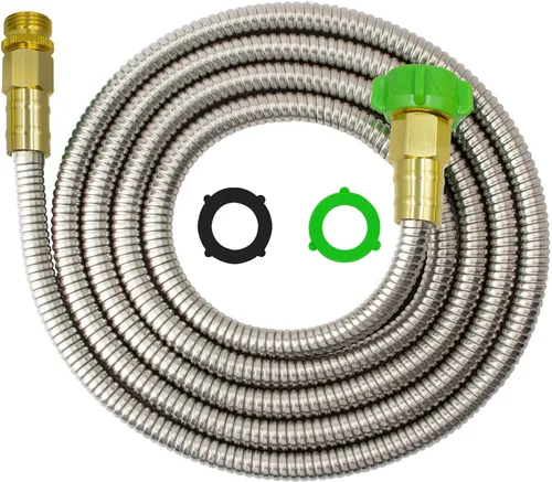 YANWOO Manguera de jardín de acero inoxidable 304 de 10 pies con conector de metal hembra a macho, manguera de agua flexible y ligera (10 pies)