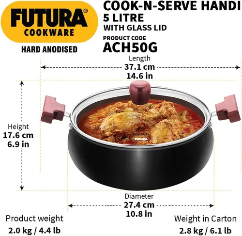 Miniatura 3 de Hawkins Futura - Cook n Serve Handi de 5 litros, anodizado duro Biryani Handi con tapa de vidrio, cacerola, sartén, negro (ACH50G) pulido