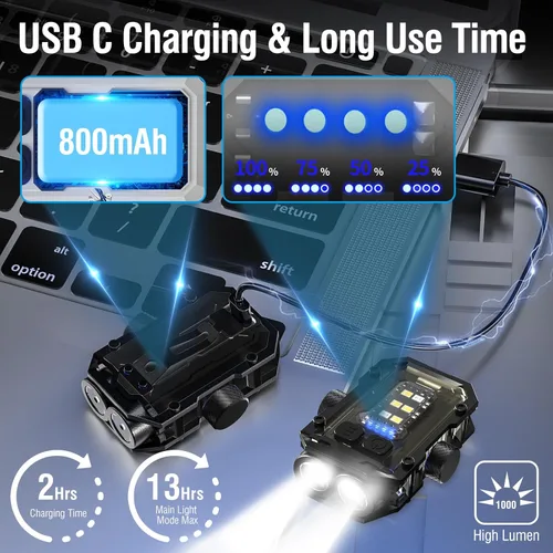 Miniatura 5 de N11 Clip magnético mini EDC linterna 1000 lúmenes, llavero linternas 8 modos de bolsillo luz flash con luces blancas rojas azules pequeña linterna