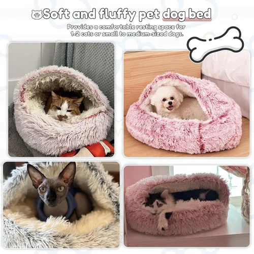 Miniatura 5 de SUOXU Cama antiansiedad para gatos, cueva de felpa con capucha, 20 pulgadas de diámetro, adecuada para mascotas pequeñas a medianas, color rosa