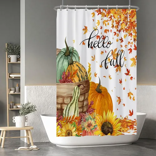Miniatura 103 de Cortina de ducha de fantasma y gato negro para niños, 36 x 72 pulgadas, espeluznante y bonita, cortina de baño de Halloween con 6 ganchos, cortina