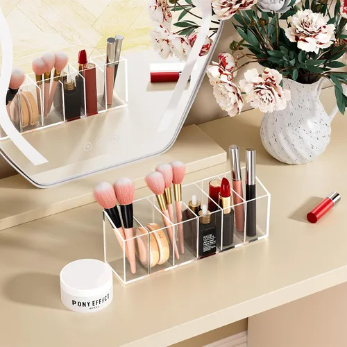 Miniatura 2 de Organizador de maquillaje acrílico de 6 compartimentos, 2 piezas, soporte de plástico transparente para brochas de maquillaje, solución perfecta