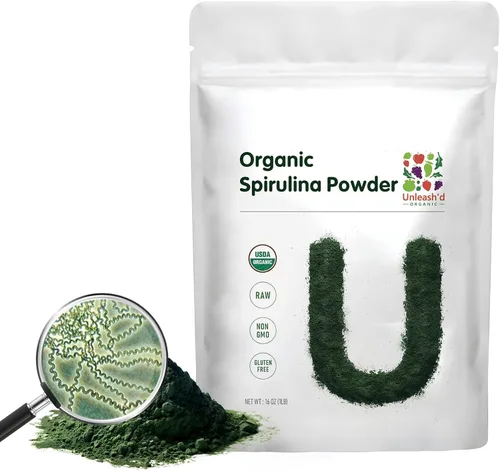 Unleash'd Organic Spirulina en polvo 16 onzas – Superalimento natural 100% puro, alto en proteínas, rico en antioxidantes, vegano, sin OMG, sin