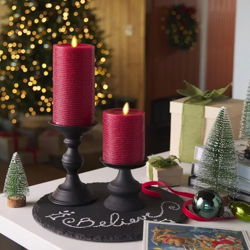 Miniatura 7 de Luminara Vela de llama artificial realista con purpurina metálica roja horizontal (3 x 4.5 pulgadas) con llama móvil, funciona con pilas, sin