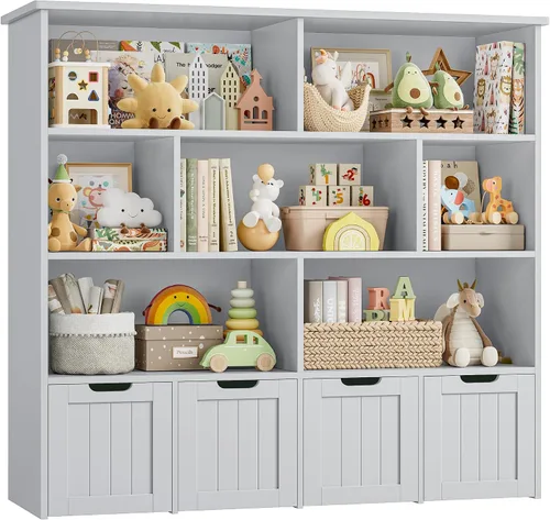 Miniatura 8 de FINETONES Organizador de almacenamiento de juguetes, estantería para niños con 4 cofres móviles y 7 cubos de almacenamiento, organizador