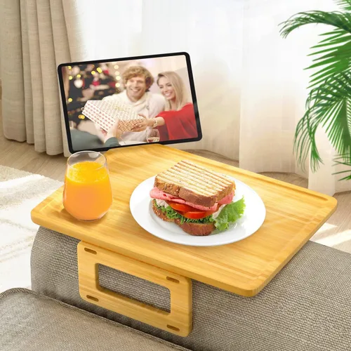 Miniatura 10 de Smatdecis Bandeja de brazo para sofá, mesa de clip para brazos, mesa de bandeja para reposabrazos adecuada para bebidas caseras, comida rápida, Negro