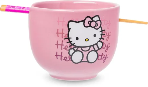 Miniatura 19 de Silver Buffalo Sanrio Hello Kitty Tazón de cerámica para ramen y arroz con diseño de flores, con palillos, apto para microondas, 20 onzas