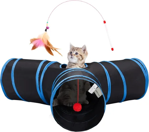 Miniatura 13 de Tempcore Túnel para gatos con tubo de juguete, túneles plegables de 3 vías para gatos, túneles para mascotas aburridas con agujero y pelota, juguete