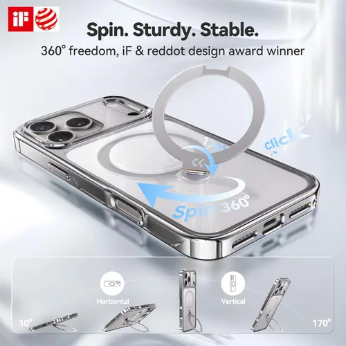 Miniatura 4 de CASEKOO Funda plateada brillante para iPhone 17 Pro con soporte magnético giratorio de 360 grados [compatible con MagSafe]