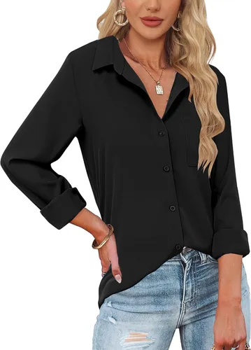 Miniatura 9 de HOTOUCH Camisas de botones de manga larga para mujer, camisas de vestir casuales con cuello en V y cuello, tops para trabajo de oficina, blusa