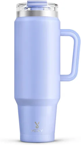 Miniatura 26 de Meoky Vaso de 40 onzas con asa y pajita, vaso aislado con tapa y popote, taza de viaje de acero inoxidable, mantiene el frío durante 34 horas, 100%