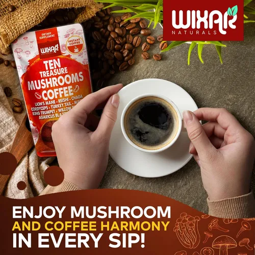 Miniatura 7 de Wixar - Mezcla de café de hongos, extracto de diez hongos del tesoro, café instantáneo en polvo con melena de león, cola de pavo, reishi, chaga