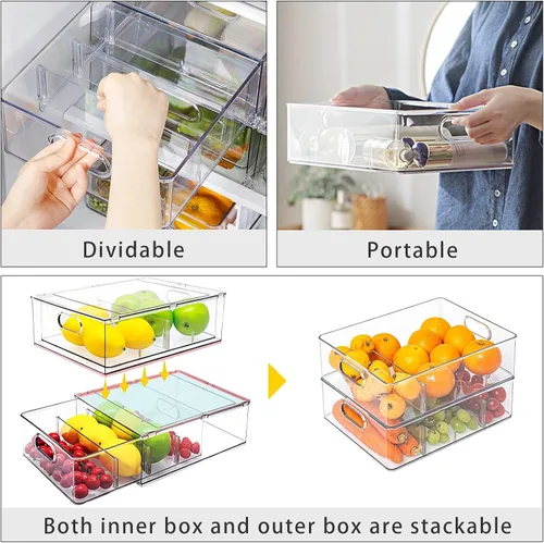 Miniatura 4 de Mano Paquete de 3 contenedores apilables extraíbles para nevera con asa, organizador transparente para almacenamiento de alimentos, caja