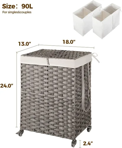 Miniatura 30 de GREENSTELL Cesta para ropa sucia con ruedas y tapa, 130 L, cesta grande de 3 secciones con 2 tipos de bolsas de forro extraíbles, 5 bolsas de malla