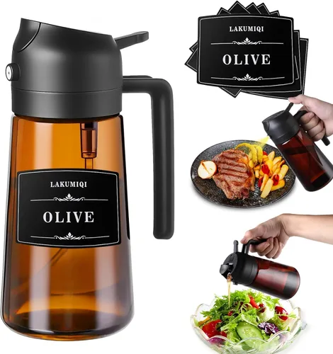 LAKUMIQI Pulverizador de aceite de oliva 2 en 1 para freidora de aire, dispensador de aceite de vidrio de 16 onzas y rociador de aceite de cocina,