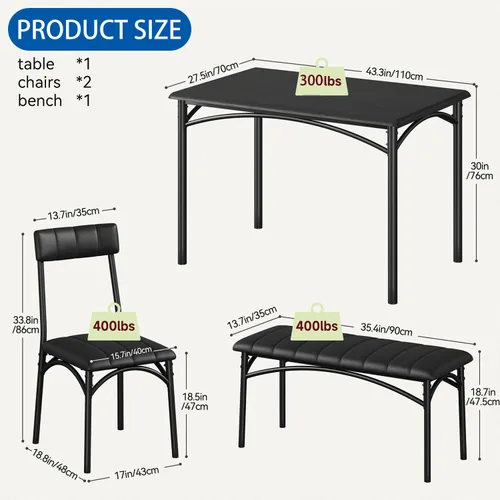 Miniatura 8 de IDEALHOUSE Juego de mesa de comedor para 4, mesa de cocina con sillas para 4, mesa de comedor rectangular de madera con banco tapizado para espacios