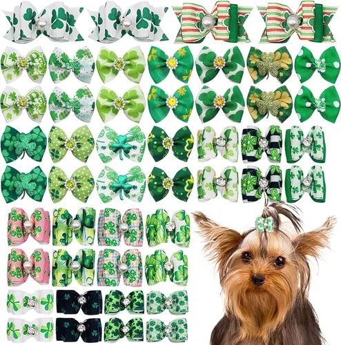 Miniatura 15 de 50 unidades (25 pares) lazos para el pelo de perros pequeños, patrón aleatorio con diamantes de imitación, lazo para el pelo para cachorros, gatos