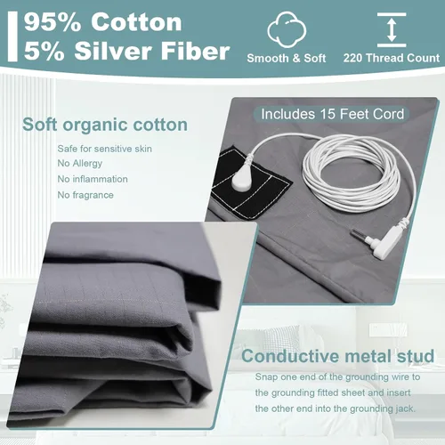 Miniatura 3 de Grounding Sheets - Sábana bajera ajustable de 39 x 75 x 15 pulgadas, 10% fibra plateada pura, sábanas de cama con tierra para mejorar el sueño