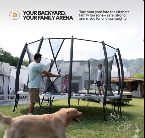 Miniatura 7 de Trampolín para exteriores de 10 pies, 14 pies, 16 pies con recinto, 6 patas reforzadas en forma de U con soporte central, aprobado por ASTM