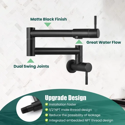 Miniatura 8 de Heyalan Pot Filler - Llenador de ollas de 19 pulgadas para montaje en pared, plegable, extensible, grifo de cocina y restaurante de acero Negro mate