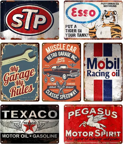 Miniatura 9 de Letreros de hojalata vintage para garaje para hombres, letreros de metal de gas y aceite para garaje, cueva de hombre, bar, letrero de hojalata