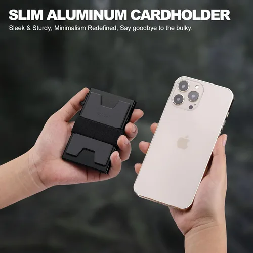 Miniatura 53 de Cartera delgada de aluminio para hombre, placa trasera expandible duradera, bloqueo RFID, billetera desplegable de metal minimalista, con capacidad
