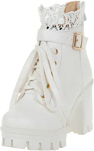 Miniatura 2 de BEAUPAS Botas de tacón alto con plataforma gruesa para mujer, botines góticos con cordones, tacón de bloque y hebilla, Blanco