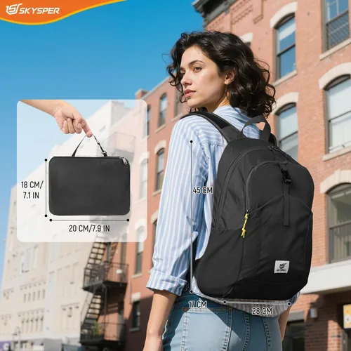 Miniatura 7 de SKYSPER Mochila pequeña de senderismo para hombres y mujeres, 20L RFID, plegable, ultraligera, plegable, mochila de viaje Negro