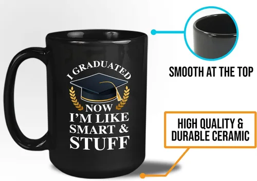 Miniatura 5 de Taza de café de graduación de 15 onzas, color negro, con texto en inglés «Now I'm Like Smart & Stuff – Chistes graduados divertidos, collage tonto