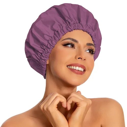Miniatura 28 de Gorro de ducha reutilizable para mujer, grande, impermeable, lavable, banda elástica, accesorios de baño, sombrero para cabello largo, trenzas Beige