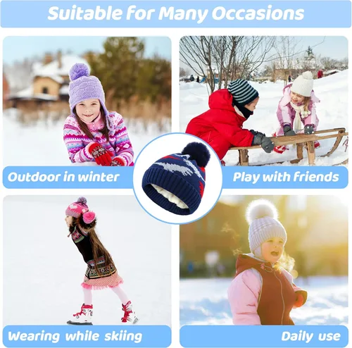 Miniatura 6 de Gorro de punto de invierno para bebé, forro polar, gorro grueso con pompón, gorro cálido para niños de 3 a 18 meses