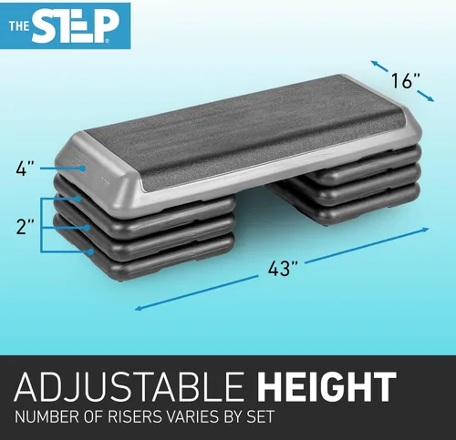Miniatura 6 de La Plataforma de Ejercicio STEP Original, Escalón de Tamaño de Gimnasio para Ejercicio en Casa con 4 Elevadores Apilables para Ajustes de Altura Gris