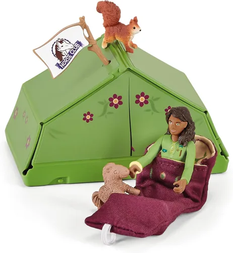 Miniatura 6 de Schleich Club de caballos, juguetes de caballo para niñas y niños, juego de caballos de aventura Sarah's Camping con juguete de caballo, 12 piezas